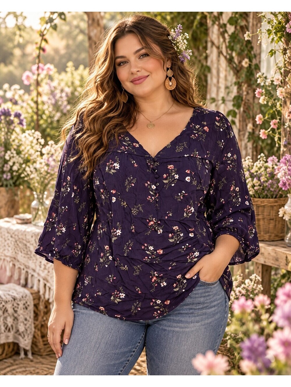 Skies Are Blue Floral Blouse Womens 2X Navy Bloomcore Flowy Feminine Soft Girl